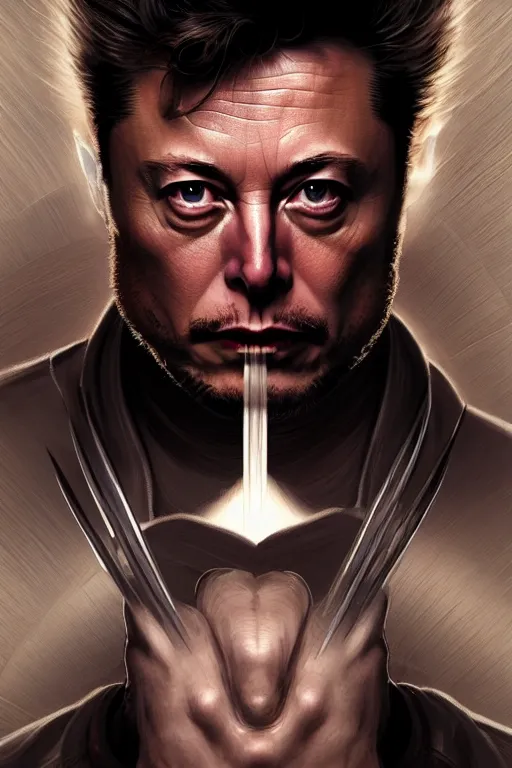 Image similar to elon musk as wolverine, realistic portrait, symmetrical, highly detailed, digital painting, artstation, concept art, smooth, sharp focus, illustration, cinematic lighting, art by artgerm and greg rutkowski and alphonse mucha