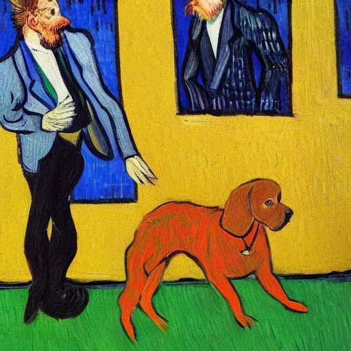 Prompt: dog in suit dancing, style of van gogh, 4k