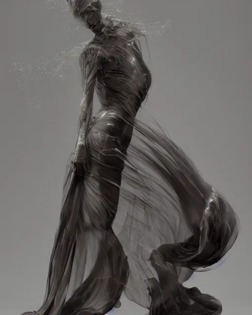 Image similar to mid shot render of an ethereal ghostlike figure fluid simulation in houdini dancing in dark smoke robes and silk veils by ilm, paolo roversi, nick knight, gill elvgren, beautiful futuristic simplified form distorted by turbulent movement, dark studio background, deep color, trending on artstation, hyperrealism, matte painting, dutch golden age, fine detail, cgsociety