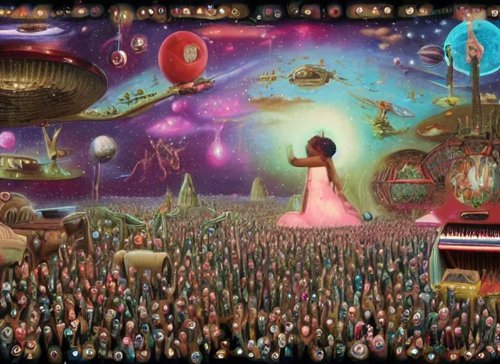 Image similar to the intergalactic concert, lowbrow, matte painting, 3 - d highly detailed, in the style of mark ryden,