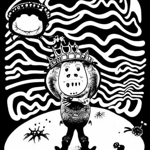 Image similar to black and white trippy comic art of a pig wearing a gold crown abducted by ufo, lots of particles, drawn by Martin Rowson, Tim Burton, Studio Ghibli, Alex Pardee, Nekro Petros Afshar, James McDermott, cgsociety 4K