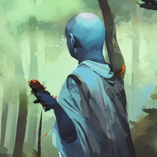 Image similar to close - up shot painting of a young bald blue - skinned wizard in a forest, by ismail inceoglu