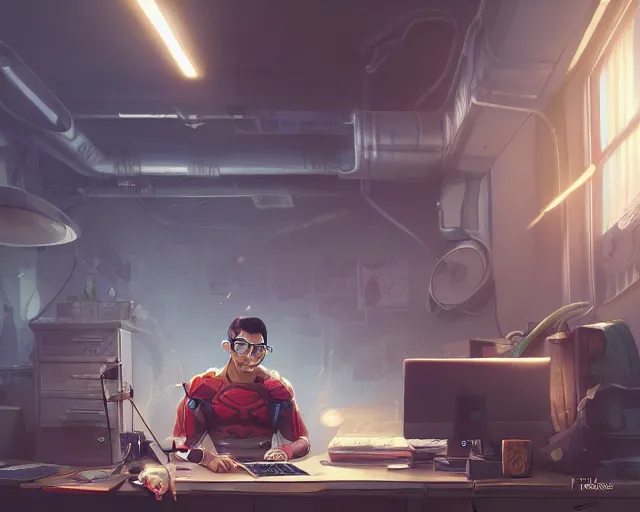 Image similar to an insanely detailed painting of a nerdy asian man wearing a superhero costume, sitting at a desk, staring at the nervously at the computer and typing, in the style of peter mohrbacher, dramatic lighting and composition, octane render, pixar, trending on artstation, concept art, comic book, view from behind