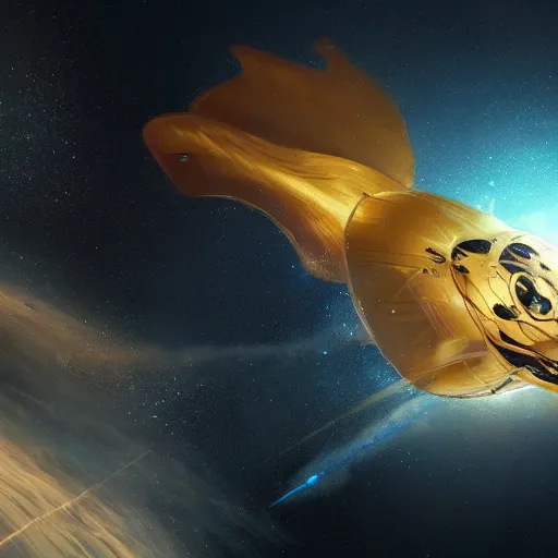 Image similar to a golden mouse flying through space, Greg rutkowski award winning illustration, digital art, sci fi concept art, 4k, trending on artstation,