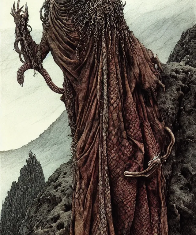 Image similar to A detailed horned snakewoman stands among the hills. Wearing a ripped mantle, robe. Perfect faces, extremely high details, realistic, fantasy art, solo, masterpiece, art by Zdzisław Beksiński, Arthur Rackham, Dariusz Zawadzki