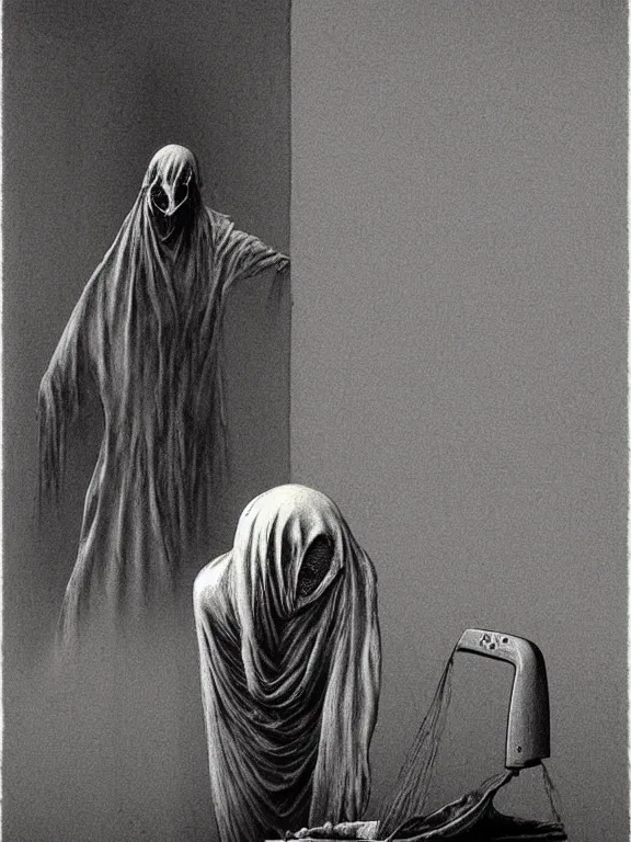 Image similar to a ghost ironing on an ironing board, art by beksinski, bernie wrightson, trending on artstation, optical illusion, horror film, creepypasta