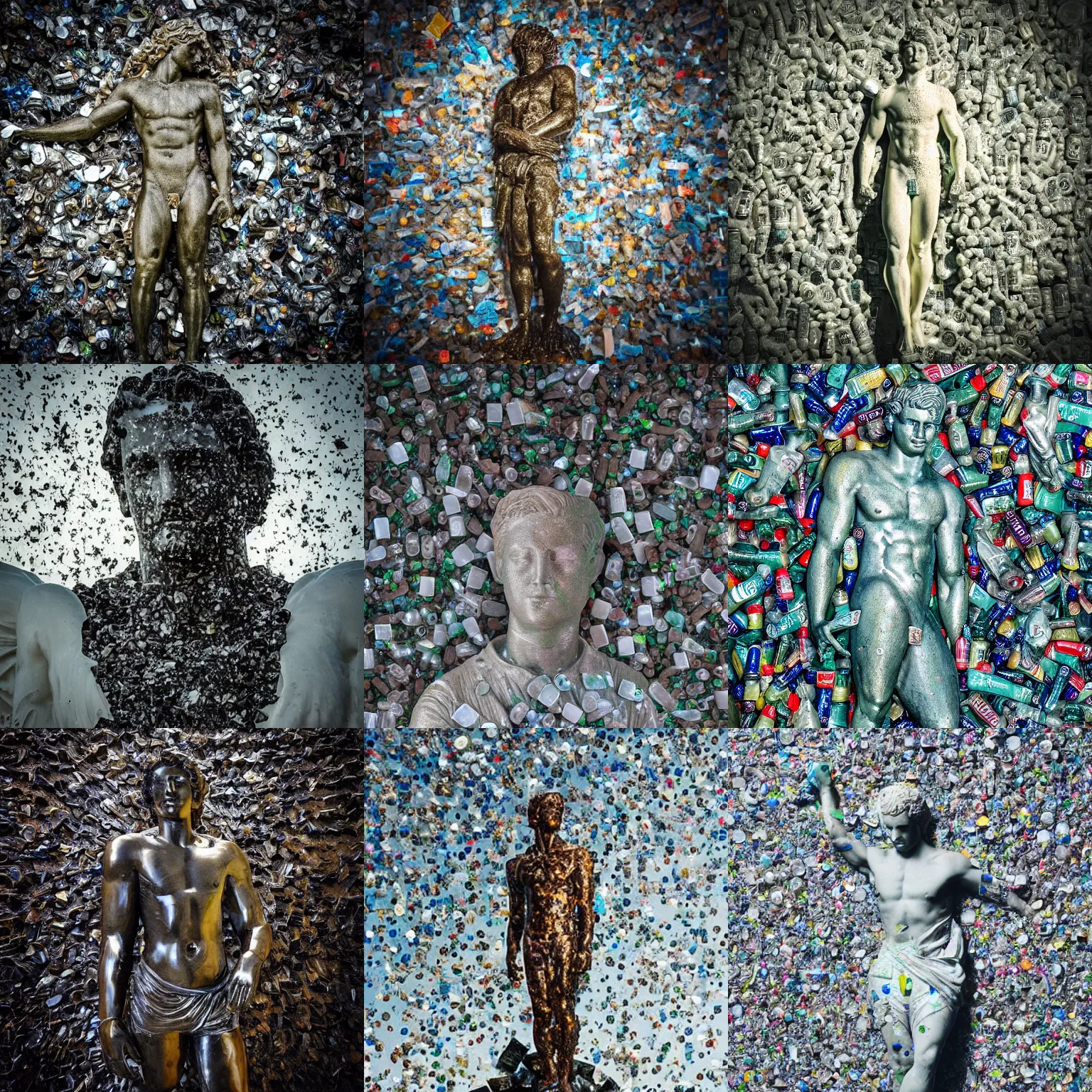 Prompt: “Plastic Apollo statue covered with huge pieces of shattered bottles, detailed but rough, 4k photo, great light and shadows”