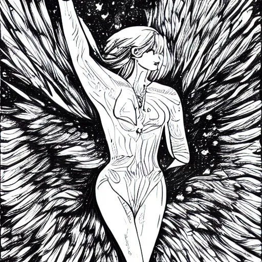 Prompt: winged lioness in outer space, ink on paper, 8k high quality detailed art, trending on art station, manga art
