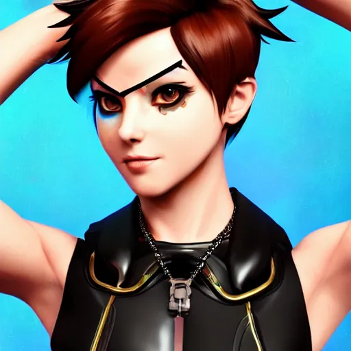 Image similar to portrait bust digital artwork of tracer overwatch, wearing black iridescent rainbow latex tank top, 4 k, expressive happy smug expression, makeup, in style of mark arian, angel wings, wearing detailed black leather collar, chains, black leather harness, detailed face and eyes,