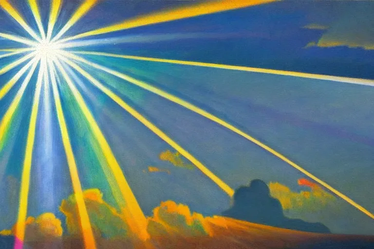 Prompt: a stunning wpa style painting of a prism in the sky reflectinglight, god rays, award winning art