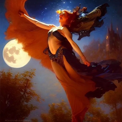 Image similar to attractive witch magically flying trough the night, fantasy, full moon in background. highly detailed painting by gaston bussiere, craig mullins, j. c. leyendecker 8 k