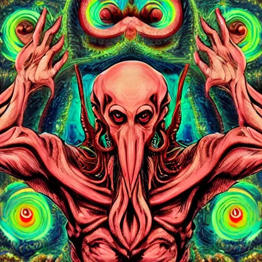 Image similar to 4 k colored headshot of godlike cthulhu with defined arms and open hands and bloody clothes with giant mandala wings, intricate face, flawless anime cel animation by kentaro miura, psychedelic, highly detailed upper body, professionally post - processed, beautiful, scary, symmetry accurate features, epic, octane rendered, anime masterpiece, accurate