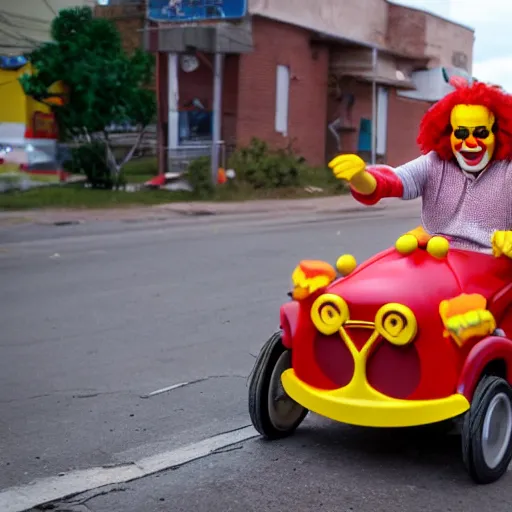 Prompt: Ronald McDonald driving through the Ghetto in his little clown car.