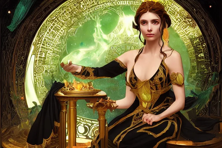 Image similar to a beautiful sorceress wearing a black robe with gold embroidery, sitting at table, casting a spell, green glows, painted by artgerm and tom bagshaw and alphonse mucha, in the style of magic the gathering, highly detailed digital art