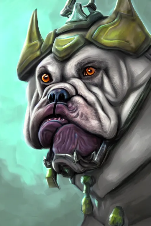 Image similar to a simple and atmospheric cell - shaded fantasy character concept art portrait of a robotic bulldog as a druidic warrior wizard looking at the camera with an intelligent gaze, very muted colors, by studio ghibli