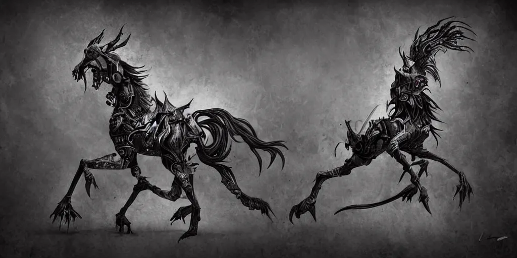 Image similar to a dark fantasy side view of an undead carousel horse, tim burton, world of warcraft, league of legends