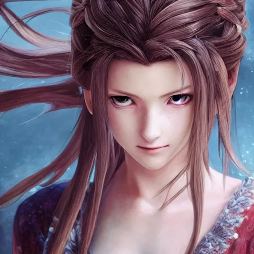 Prompt: portrait of aerith!!!!!!!!! from final fantasy vii, peaceful, closed eyes, water - color painting by amano yoshitaka, ultra realistic, highly detailed, sharp focus, cinematic lighting, mood lighting, realistic, vivid colors, painting, photorealistic, digital art, non blurry, sharp, smooth, illustration