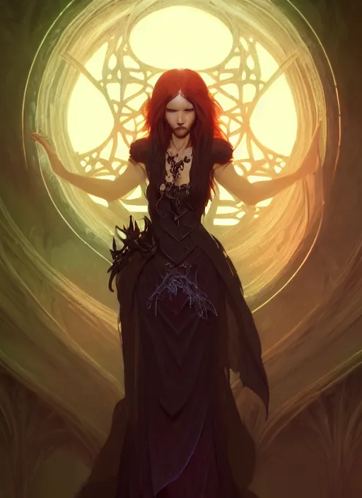 Image similar to Necromancer Sorceress, fantasy magic, undercut hairstyle, dark light night, intricate, elegant, sharp focus, illustration, highly detailed, digital painting, concept art, matte, art by WLOP and Artgerm and Greg Rutkowski and Alphonse Mucha, masterpiece