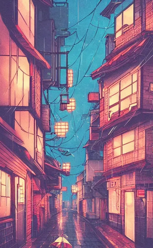 Image similar to night street, rainy day, anime, japan, ghibli, 9 0 s, retro style, aesthetic, chill, room, vintage