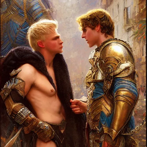 Image similar to attractive male, arthur pendragon who has blond hair confesses his love to attractive male, merlin who has dark hair. highly detailed painting by gaston bussiere, craig mullins, j. c. leyendecker 8 k