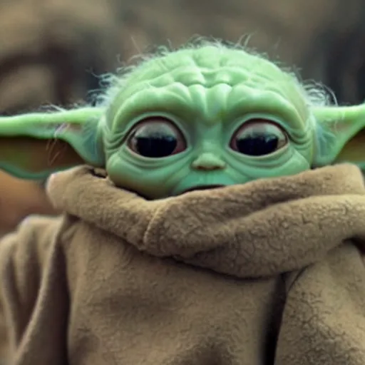 Prompt: A film still of Baby Yoda as a Jedi king realistic,detailed