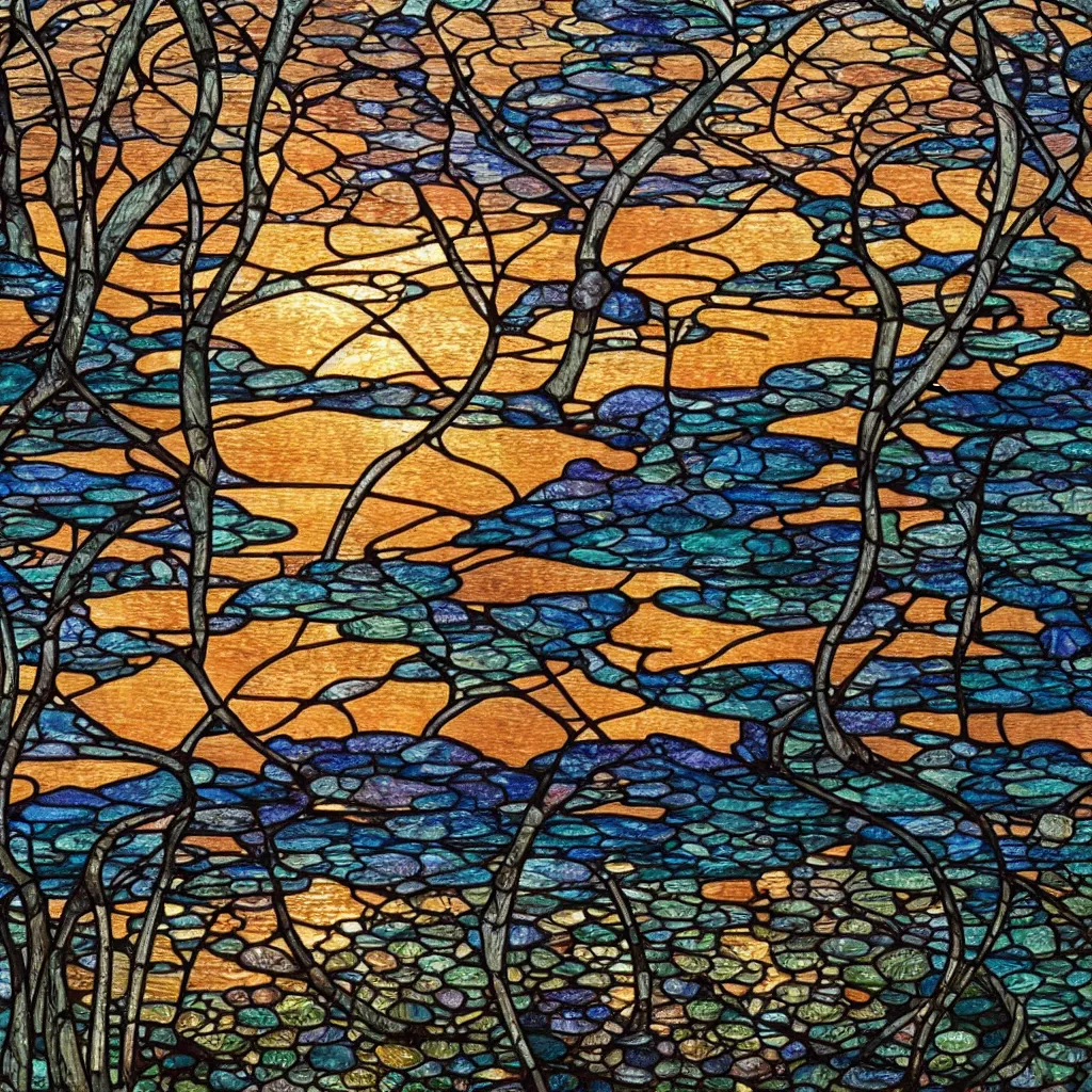 Prompt: a close - up photograph of an art nouveau stained glass window of a lake at sunset, with a spreading oak growing beside it, with tall karst mountains in the distance at sunset, intricate and highly detailed, well - lit, ornate, realistic, surrounded by a symmetrical pattern, by louis comfort tiffany