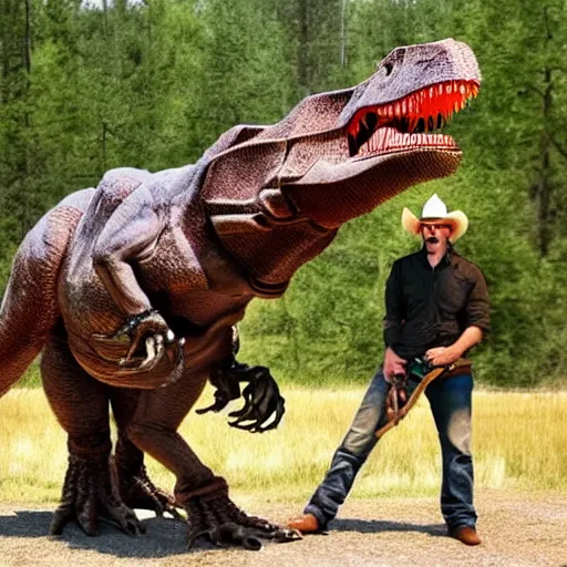 Prompt: a t-rex mounted by a cowboy