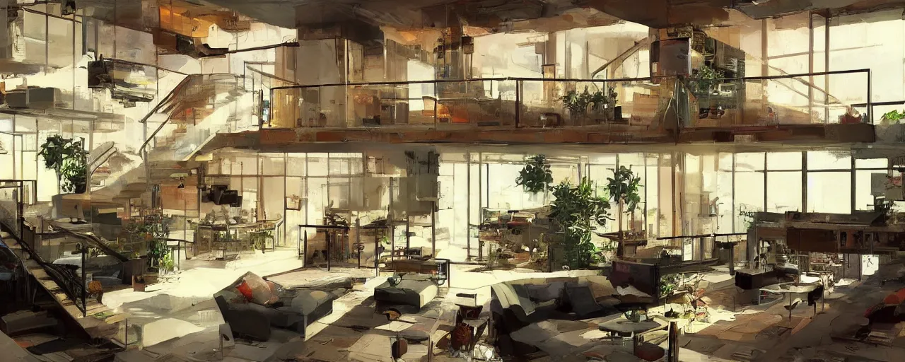 Prompt: interior of a loft, living room with split levels, mezzanine, plants and patio, 1970 furniture, a giant computer with too many cables, giant screens on the call, bauhaus, concept art by Theo Prins