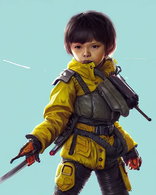 Prompt: a tiny combat kid wearing a puffy yellow jacket and a katana, smooth, intricate, elegant, digital painting, artstation, concept art, sharp focus, octane render, illustration, art by ayami kojima, apex legends character,