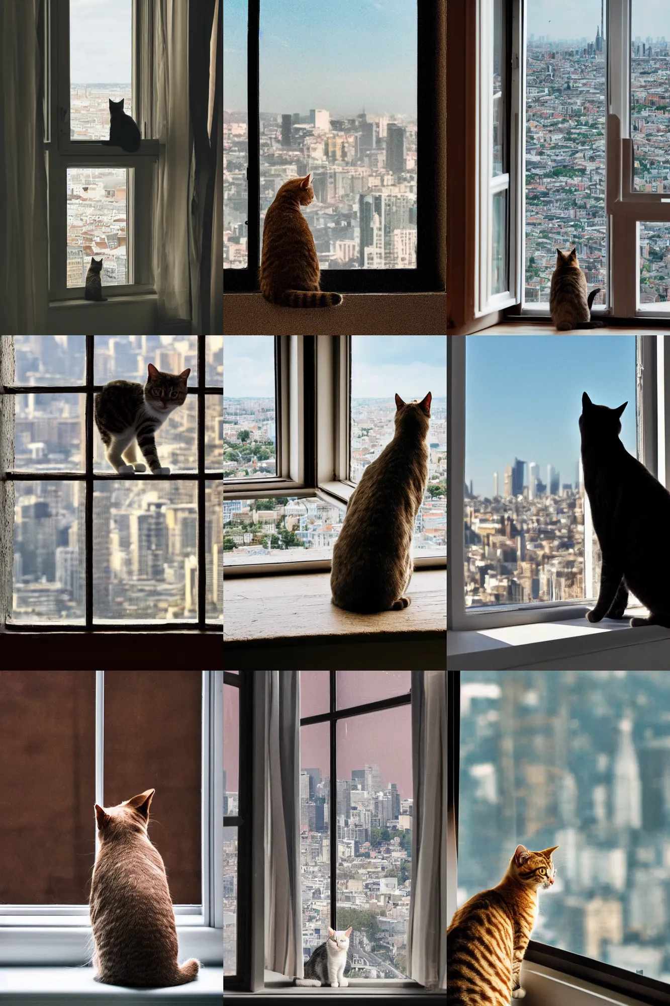 Prompt: a cat sitting at a window looking out at the city