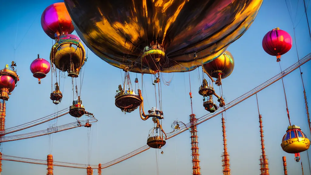 Image similar to large colorful futuristic space age metallic steampunk steam - powered balloons with pipework and electrical wiring around the outside, and people on rope swings underneath, flying high over the beautiful beijing city landscape, professional photography, 8 0 mm telephoto lens, realistic, detailed, photorealistic, photojournalism