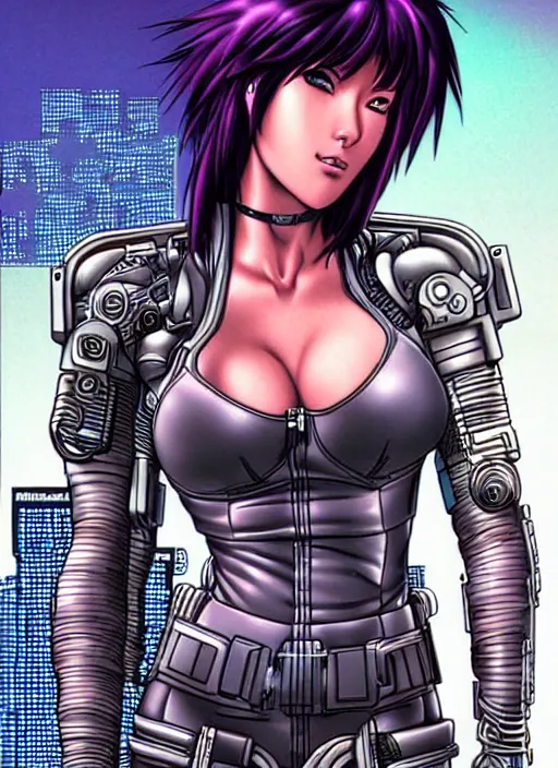 Image similar to motoko kusanagi in grungy cyberpunk megacity, intricate and finely detailed, cyberpunk vaporwave, portrait by j scott campbell