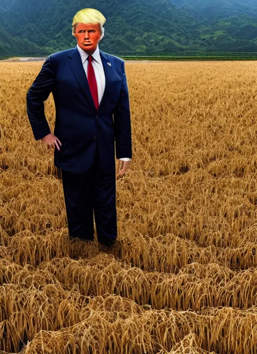 Prompt: a full body portrait of a person looking like donald trump working in rice field in mountains, hot sun, by chinese artists