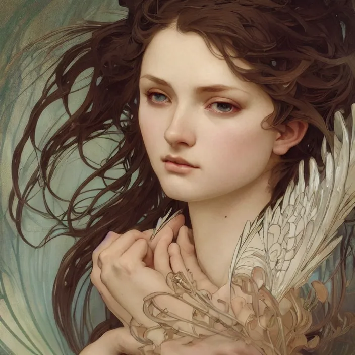 Image similar to a beautiful painting of a beautiful angel by ross tran!! and alphonse mucha and greg rutkowski! and gustav dore! and artgerm!!, in style of digital art illustration. symmetry. highly detailed face. fantasy, smooth, hyper detailed, sharp focus, soft light. trending on artstation. 4 k