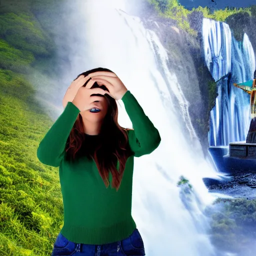 Prompt: photo of a flying spaceship that looks like a house with turbines, crashing and exploding against a waterfall. a standing teen in a modern green sweater is facepalming at the camera on the side