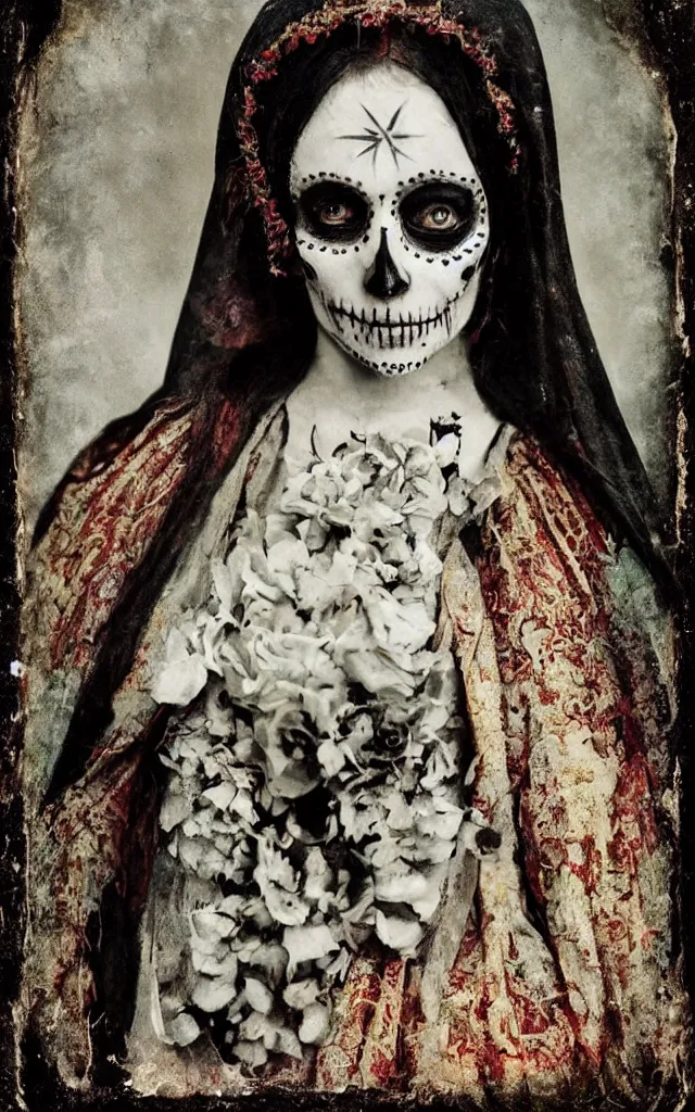 Image similar to tintype full body view, virgin mary in dia de muertos dress and make up, horrific beautiful vibe, evocative, atmospheric lighting, painted, intricate, highly detailed,