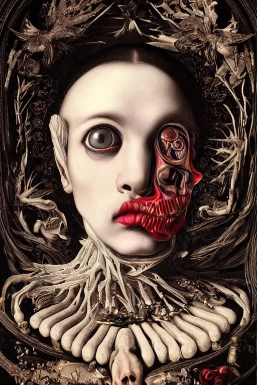 Image similar to Detailed maximalist portrait with large lips and with large, wide eyes, sad expression, extra bones, flesh, HD mixed media, 3D collage, highly detailed and intricate, surreal, illustration in the style of Caravaggio, dark art, baroque