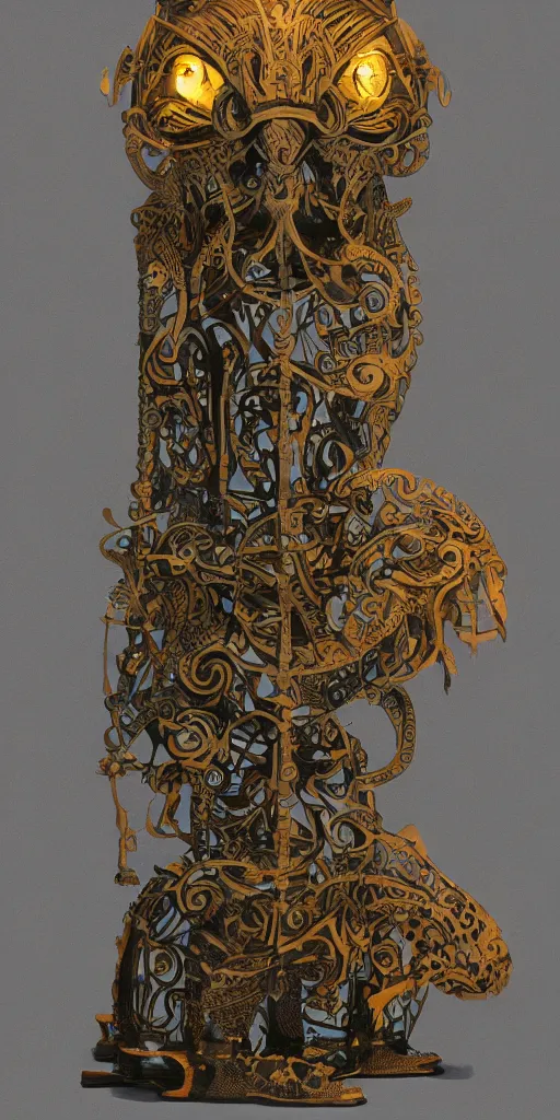 Image similar to animal fish machine sci - fi totem, carved from wood metal and translucent plastic, intricate details, tribal designs, cinematic, volumetric lighting