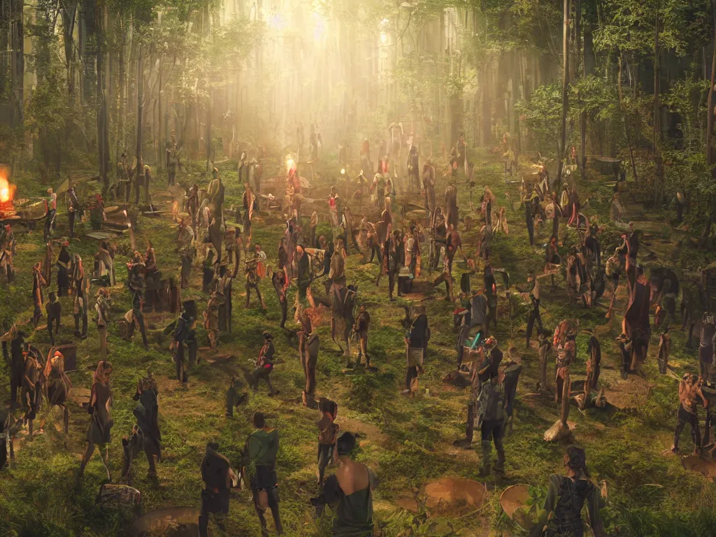 Image similar to a hyper realistic professional 3d render of a mystical cyberpunk tribe gathering at a magical location in the forest lit by fire and intense laser lights extreme wide angle view from dj's point of view