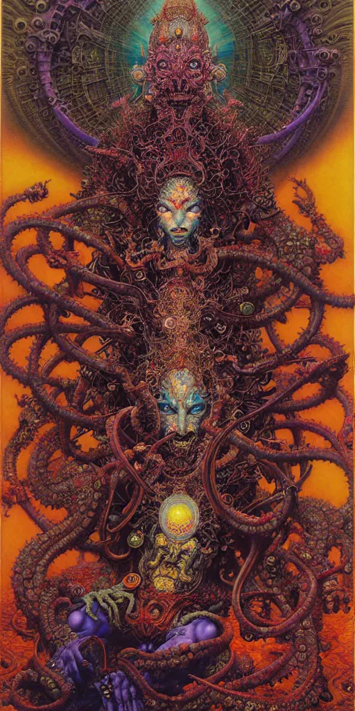 Prompt: realistic Hindu detailed image of Technological Nightmare Abomination Monster God by Lisa Frank, Ayami Kojima, Amano, Karol Bak, Greg Hildebrandt, and Mark Brooks, Neo-Gothic, gothic, rich deep colors. Beksinski painting, part by Adrian Ghenie and Gerhard Richter. art by Takato Yamamoto. masterpiece, religious art