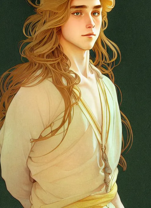 Image similar to pretty young man with shoulder length shiny shimmering golden blond hair, path traced, highly detailed, high quality, digital painting, by studio ghibli and alphonse mucha, leesha hannigan, disney