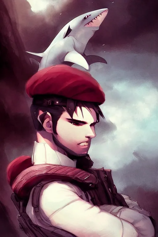 Image similar to beautiful portrait commission military clothes maroon beret. Atmospheric. Character design by charlie bowater, ross tran, artgerm, and makoto shinkai, detailed, inked, western comic book art. male anthro!!! fruit bat shark hybrid