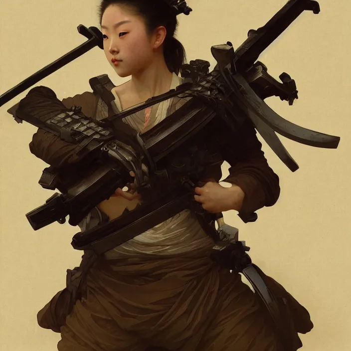 Image similar to a samurai holding a machine gun, au naturel, intricate, hyper realise, digital art, artstation, concept art, smooth render, sharp focus, ian sprigger, artgerm, greg rutkowski, alphonse mucha, william adolphe bouguereau