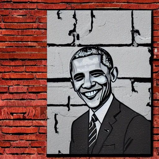 Prompt: an image from alamy of a grafitti on a brick wall of barack obama