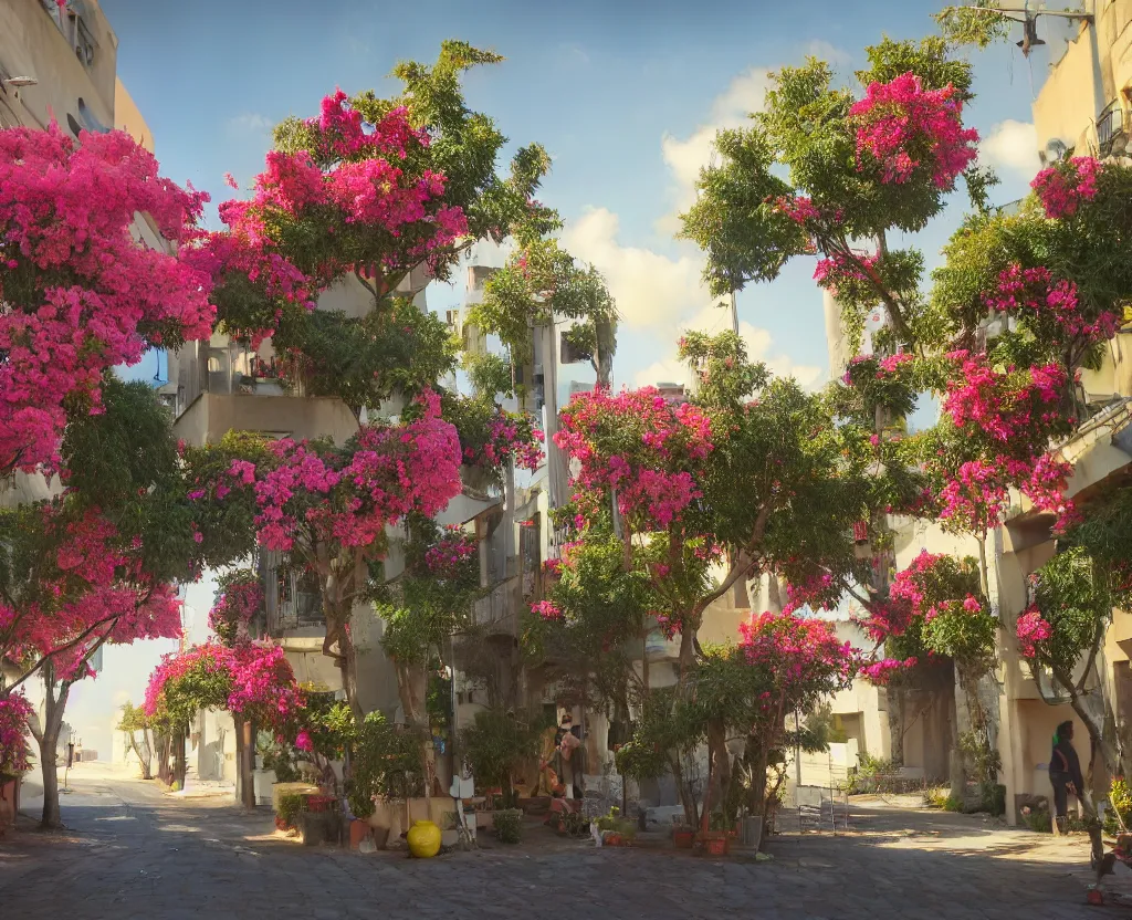 Image similar to a very beautiful scene, vfx render, small street in tel aviv, busy, shops, bauhaus, sunlight, happy, bougainvillea, hyperrealistic, 4 k. lovely scene. art. unreal engine.