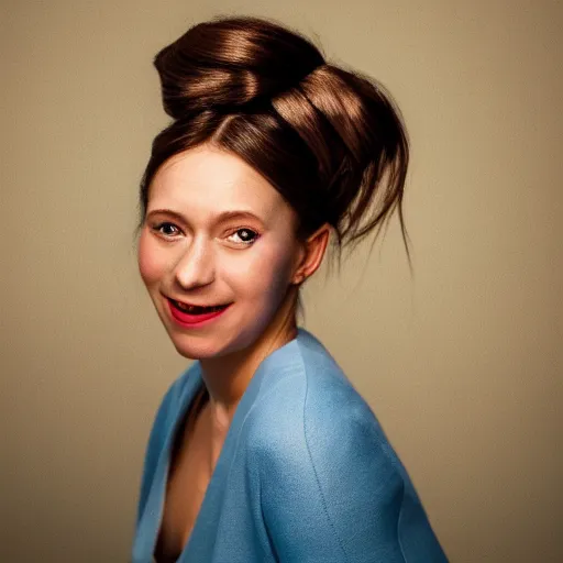 Image similar to a vivid color portrait of a smiling female with two buns hairstyle, light skin and big blue eyes, soft cinematic lighting, shallow depth of field, photograph by annie leibovitz, 4k