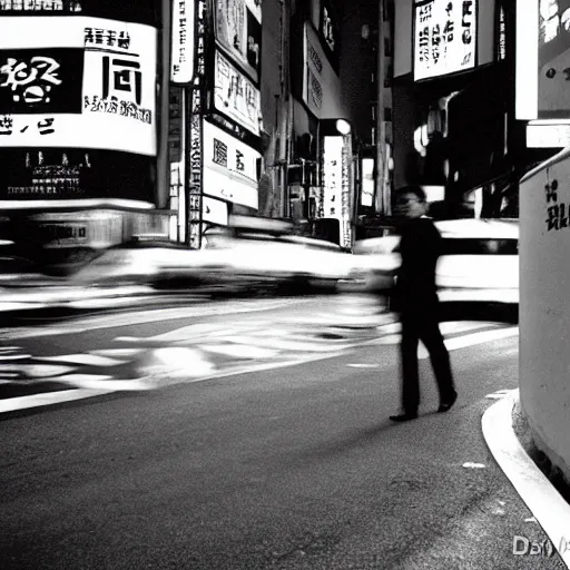 Prompt: Jerry Seinfeld vogues through the streets of Tokyo, are bure boke, 35mm film, b&w, grainy, by Daido Moriyama