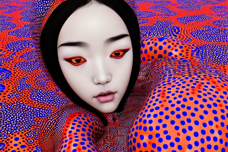 Image similar to hyperrealistic detailed image of a geisha laying in a art installation, interior by yayoi kusama, part by kei mieno, part by alex gray, part by ross tran, part by james jean, ultra realistic, highly detailed, life like face, detailed body, 8 k, octane render, trending on artstation, very cohesive, masterpiece