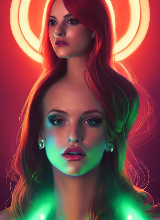 Image similar to full body portrait of teenage cheryl blossom, bangs, green eyes, mischievous expression, red hair, sultry smirk, bangs and wavy hair, intricate, elegant, glowing lights, highly detailed, digital painting, artstation, concept art, smooth, sharp focus, illustration, art by wlop, mars ravelo and greg rutkowski