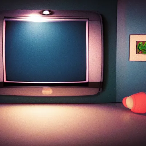 Image similar to crt televisions in a room with a lamp, claymation, 3 d, pixar, film grain, fisheye